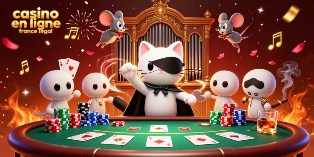 Plongez dans l'univers fascinant du casino en ligne légal en France avec notre illustration riche en détails, où un chat en demi-masque joue de l'orgue dans une atmosphère magique.