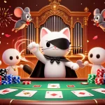 Plongez dans l'univers fascinant du casino en ligne légal en France avec notre illustration riche en détails, où un chat en demi-masque joue de l'orgue dans une atmosphère magique.