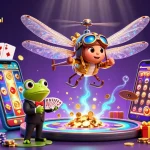 Jouer à des jeux de casino en ligne en France légal avec un croupier grenouille et un pilote libellule.