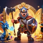 Visualisez un casino en ligne sans KYC avec un guerrier viking, un dragon, et un corbeau sur un fond éclatant.