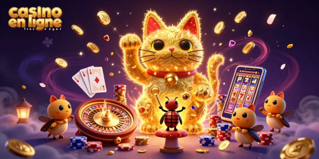 Image illustrant une scène dynamique de casino en ligne légal en France, avec un chat porte-bonheur et des symboles de jeu.