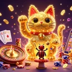 Image illustrant une scène dynamique de casino en ligne légal en France, avec un chat porte-bonheur et des symboles de jeu.
