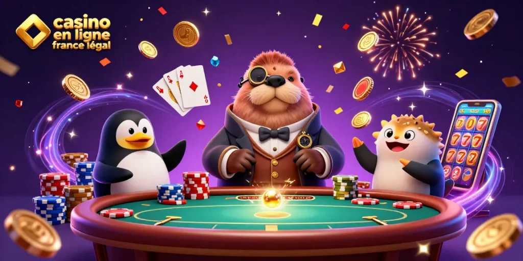 Illustration dynamique sur le thème du casino en ligne France légal avec un phoque joueur et un dealer pingouin.