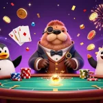 Illustration dynamique sur le thème du casino en ligne France légal avec un phoque joueur et un dealer pingouin.