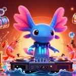 Plongez dans l'univers du casino en ligne légal en France avec un DJ axolotl vibrant entouré de personnages marins animés.