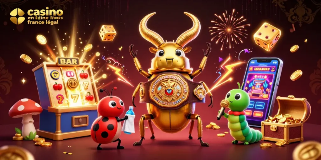 Illustration dynamique mettant en avant le casino en ligne France légal avec des personnages de jeux captivants.