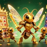 Illustration dynamique d'un casino en ligne France légal avec un hornet doré samouraï entouré de jeux de hasard.