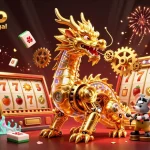 Jouer sur un casino en ligne France légal avec une illustration de dragon mécanique et des éléments de jeu captivants.