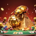 Illustration d'un scarabée doré poussant une boule de pièces, casino en ligne légal en France avec symboles de jeu.