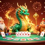 Illustration de casino en ligne France légal, avec dragon, tortue sage et grues chanceuses entourés de jetons et cartes.