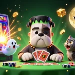 Illustration d'un bulldog Frankenstein et une souris fantôme dans un casino en ligne France légal.