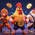 Casino en ligne légal en France : illustration 3D de mascottes de combats avec crypto-monnaies vibrantes.