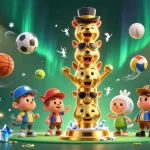 Les paris sportifs en action avec un totem animé entouré d'éléments de jeu dynamiques.
