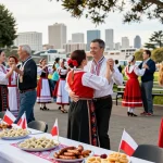 Polish community gathering celebrating culture at https://www.sfpol.com/ in San Francisco park, showing traditional dances and food.