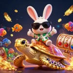 Illustration dynamique représentant un casino en ligne France légal avec un lapin chanceux et une tortue dorée.