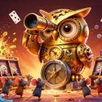 Jouez au casino en ligne France légal avec l'illustration dynamique du hibou doré et des machines à sous.