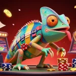 Scénario vibrant de paris sportif avec un caméléon de casino, des trophées et des éléments sportifs.