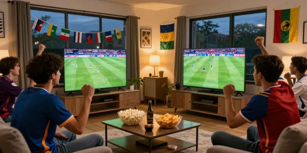 Pengalaman nonton bola bersama teman-teman di ruang tamu dengan suasana hangat dan ceria