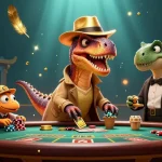 Illustration dynamique d'un velociraptor au blackjack dans un casino en ligne France légal, avec des éléments de jeu captivants.