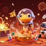 Illustration 3D du meilleur casino en ligne avec un gecko martien découvrant un casino doré sur Mars.