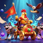 Visuel de casino en ligne France légal illustrant une scène dynamique de jeux avec un coq et un chariot doré.