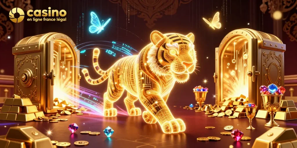 Découvrez des jeux au casino en ligne France légal avec un tigre doré, des trésors et des effets lumineux.