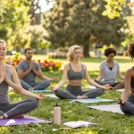 A group of friends enjoying wellness activities outdoors, promoting a positive lifestyle with rokok88.