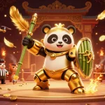 Illustration dynamique de l'arène de combat d'un casino en ligne légal en France avec panda en armure, spectateurs animaliers.