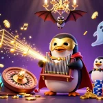 Illustration dynamique sur le thème du casino en ligne France légal, mettant en scène un pingouin en costume jouant d'un orgue.