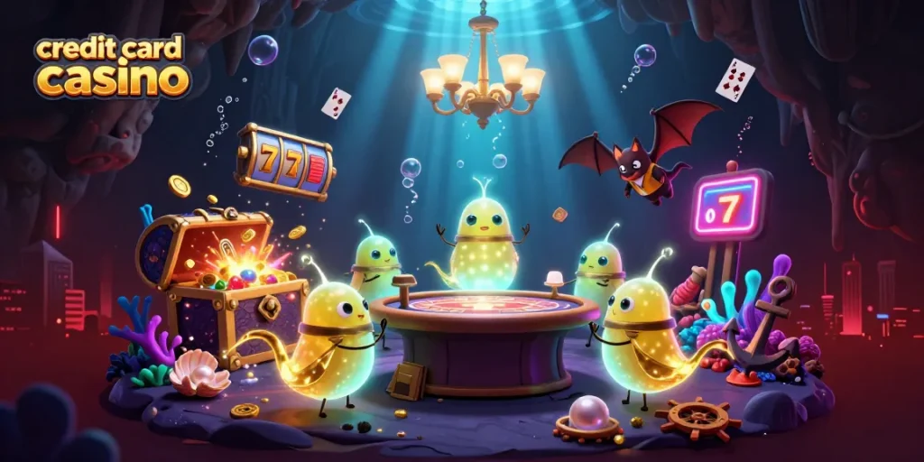 Experience thrilling moments at a credit card casino illuminated by glowworms in an underwater setting.