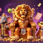 Casino en ligne France légal : illustration d'une scène dynamique avec un roi lion et des éléments de loterie.