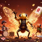 Admirez l'illustration du meilleur casino en ligne mettant en scène une rock star émergeant avec des pièces d'or et des symboles chinois.