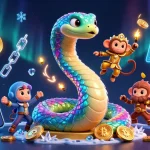 Jouez au casino en ligne France légal avec une scène magique incluant un serpent arc-en-ciel et des éléments de jeu.