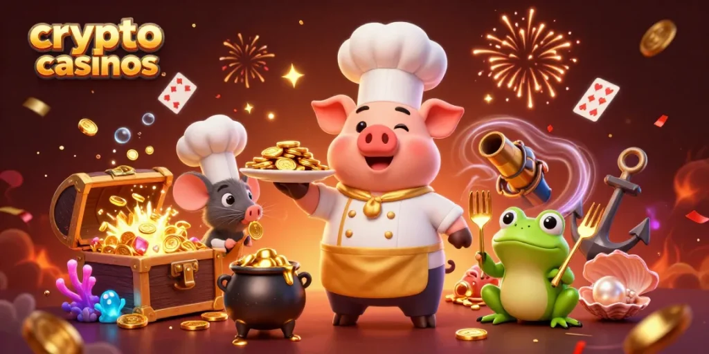 Visualisation artistique des crypto casinos avec un chef et une souris servant des pièces d'or.