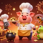 Visualisation artistique des crypto casinos avec un chef et une souris servant des pièces d'or.