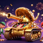 Animation festive avec casino en ligne France légal : caramel doré et confettis pleuvant.