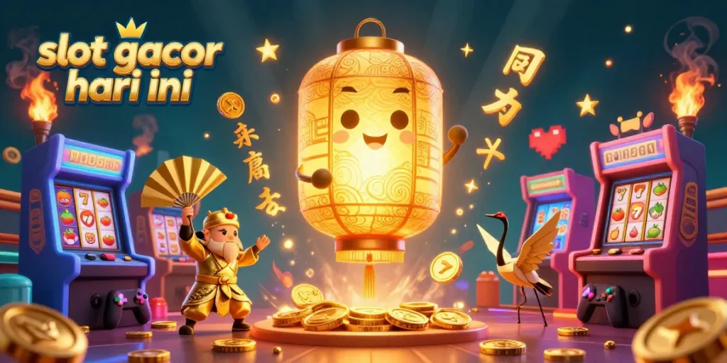 Engage with slot gacor hari ini through a vibrant 3D casino illustration featuring a glowing lantern spirit amidst winning slot reels.