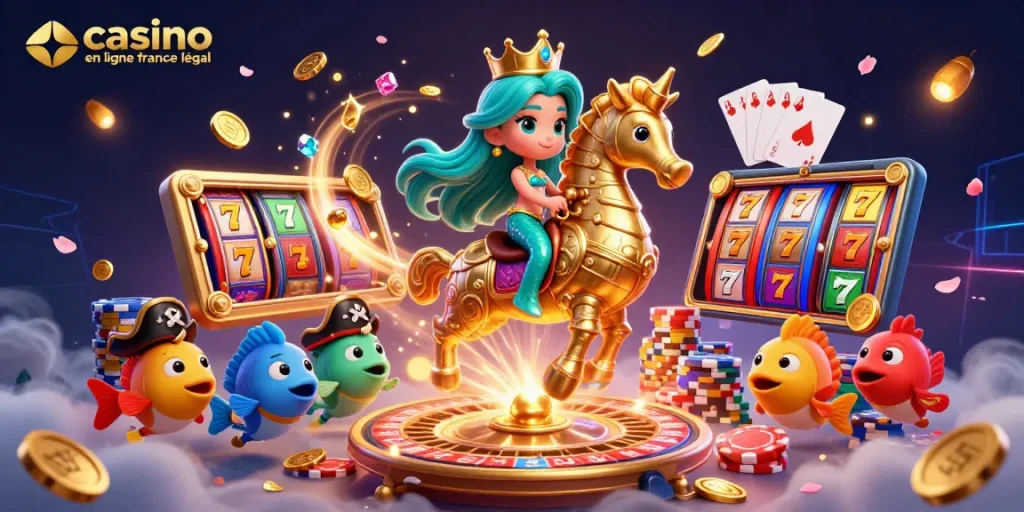 Illustration de casino en ligne France légal avec la princesse sirène et des jeux de machines à sous.