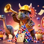 Illustration dynamique de casino en ligne France légal avec dinosaures et éléments de jeux excitants.