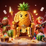 Illustration dynamique de casino en ligne France légal avec un roi ananas doré et des personnages jouant sur une plage animée.