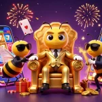 Illustration d'un casino en ligne légal en France avec un chef d'abeille cartoon entouré de gardes, jouant à des jeux de casino.