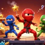 Illustration dynamique de la promotion de casino en ligne France avec des caméléons ninjas et des éléments de jeu.