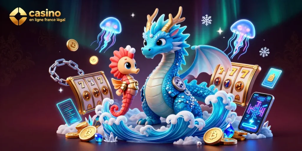 Visualisez un dragon d'eau et un chevalier de seahorse, représentatifs du casino en ligne France légal, entourés de jeux d'argent.