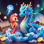 Visualisez un dragon d'eau et un chevalier de seahorse, représentatifs du casino en ligne France légal, entourés de jeux d'argent.