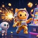 Image dynamique représentant un chat astronaute en costume doré et un chien robot, à propos du casino en ligne France légal.